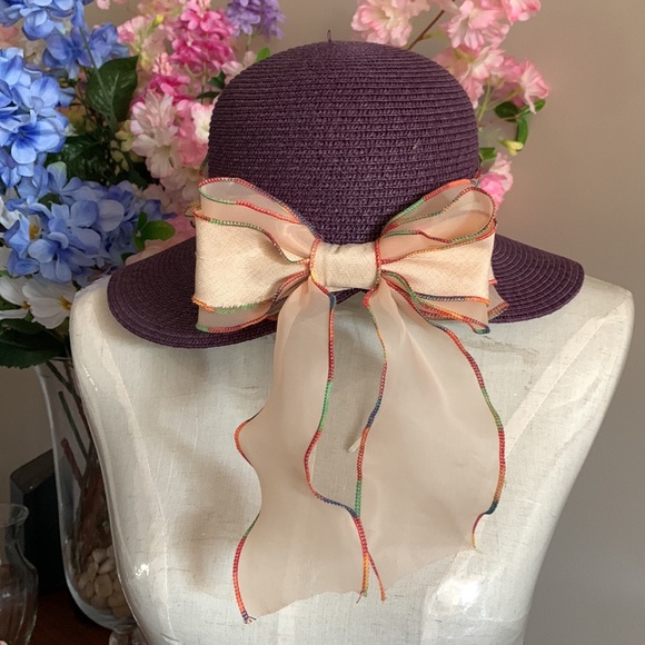Wide brim straw sun hat with ribbon, EUC - Picture 2 of 11